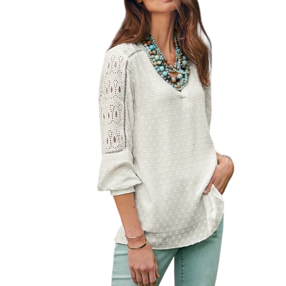 Soft Surroundings Harcourt Blouse Top Plus 2X Textured Polka Dot Eyelets White